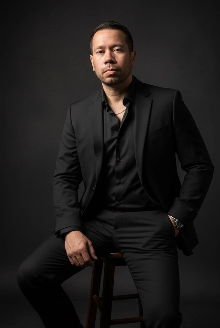 Marco Antonio Brito Durán sentado, retrato de estudio sobre fondo oscuro